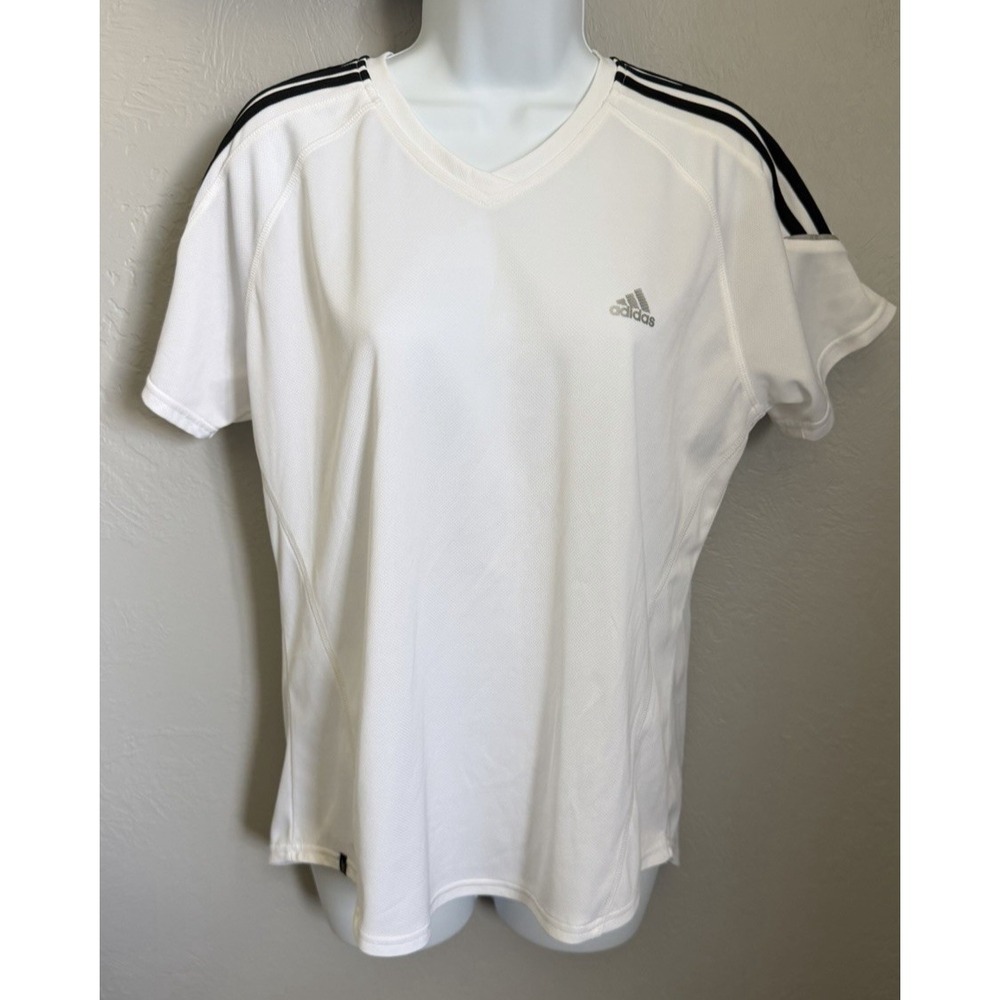 Adidas Shirt Womens Size Large White Short‎ Sleeve V-Neck Athletic Mesh Top